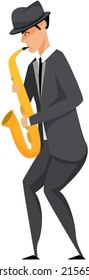 Jazz musician saxophone player with sax stands on white background. Vector man in suit playing musical instrument. Saxophonist playing on blowing musical instrument jazzman, brass orchestra concert