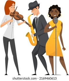 Jazz musician saxophone player with sax stands on white background. Vector man in suit playing musical instrument. Saxophonist playing on blowing musical instrument jazzman, brass orchestra concert