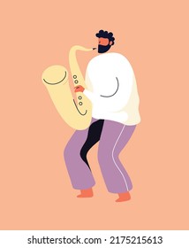 Jazz musician saxophone player with sax. Vector man playing musical instrument. Saxophonist playing on blowing musical instrument jazzman, brass orchestra concert.