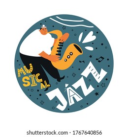 Jazz musician and saxophonist. Performance of a melody on a saxophone. Music poster for a jazz festival or concert