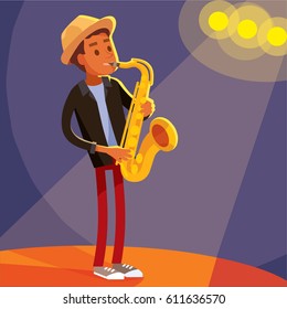 Jazz musician at the stage playing, improvise on saxophone, playing music, flat vector illustration.