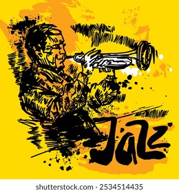 Jazz músico con trompeta sobre fondo, dibujo, Vector, ilustración, eps