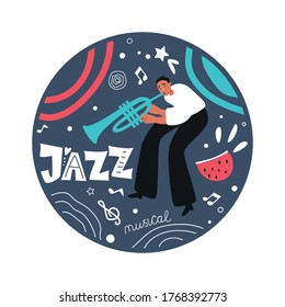 Jazz musician trumpeter performs a musical melody. The jazz trumpet. Vector illustration for a poster