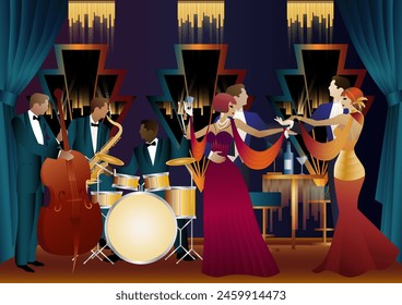 Jazz musicians and dancers. Double bass, saxophone, drum. Musicians play musical instruments