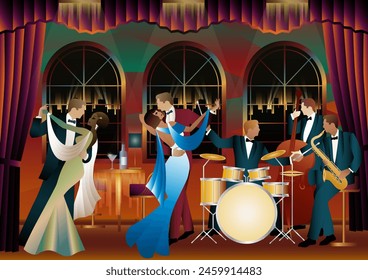 Jazz musicians and dancers. Double bass, saxophone, drum. Musicians play musical instruments