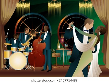 Jazz musicians and dancers. Double bass, saxophone, drum. Musicians play musical instruments