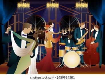 Jazz musicians and dancers. Double bass, saxophone, drum. Musicians play musical instruments