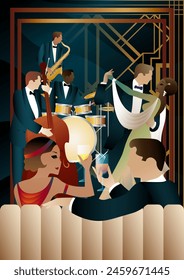 Jazz musicians and dancers on a universal background. Double bass, saxophone, drum. Musicians play musical instruments