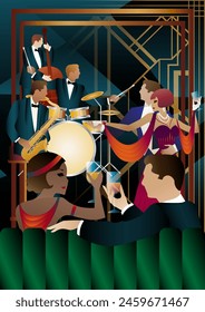 Jazz musicians and dancers on a universal background. Double bass, saxophone, drum. Musicians play musical instruments