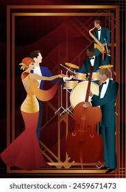 Jazz musicians and dancers on a universal background. Double bass, saxophone, drum. Musicians play musical instruments