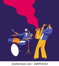 Jazz musicians. Drummer and saxophonist on dark blue background. Modern flat colors illustration.