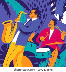 Músicos de jazz. Tambor y saxofonista sobre fondo azul oscuro. Ilustración moderna de colores planos.