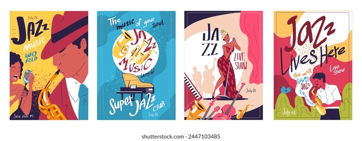 Jazz musicians flyers. Musicians band performance flyer, retro music festival modern poster trumpet saxophone piano performer blues singer party concert, classy vector illustration