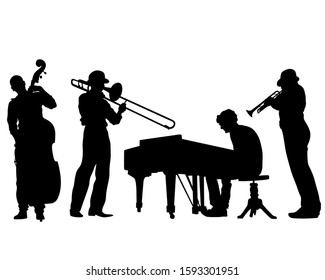 Jazz musicians with instruments . Isolated silhouettes on a white background
