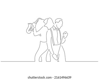 Jazz musicians in line art drawing style. Composition of a couple playing music. Black linear sketch isolated on white background. Vector illustration design.