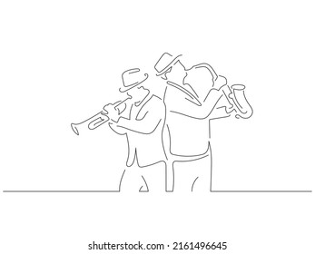 Músicos de jazz en línea con estilo de dibujo. Composición de una pareja tocando música. Esbozo lineal negro aislado sobre fondo blanco. Diseño de ilustración vectorial.