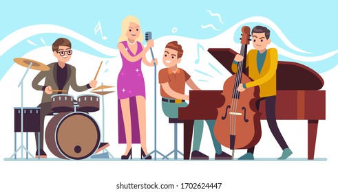 Jazz musicians. Music performing, funky musicians with saxophone, trumpet and drums, jazz festival vintage party vector quartet characters