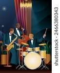 Jazz musicians near the Balcony. Double bass, saxophone, drum. Musicians play musical instruments