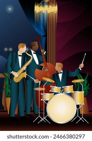 Jazz musicians near the Balcony. Double bass, saxophone, drum. Musicians play musical instruments