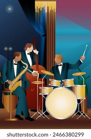 Jazz musicians near the Balcony. Double bass, saxophone, drum. Musicians play musical instruments