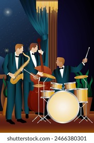 Jazz musicians near the Balcony. Double bass, saxophone, drum. Musicians play musical instruments