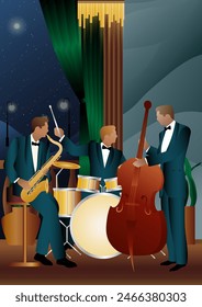 Jazz musicians near the Balcony. Double bass, saxophone, drum. Musicians play musical instruments