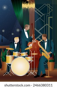 Jazz musicians near the Balcony. Double bass, saxophone, drum. Musicians play musical instruments