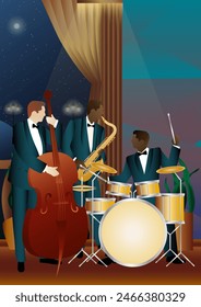 Jazz musicians near the Balcony. Double bass, saxophone, drum. Musicians play musical instruments