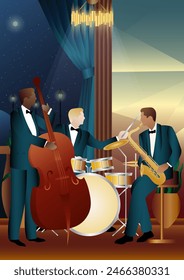 Jazz musicians near the Balcony. Double bass, saxophone, drum. Musicians play musical instruments