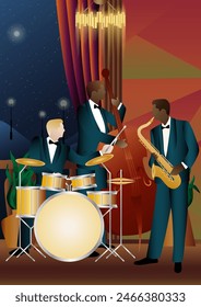 Jazz musicians near the Balcony. Double bass, saxophone, drum. Musicians play musical instruments