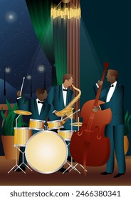 Jazz musicians near the Balcony. Double bass, saxophone, drum. Musicians play musical instruments
