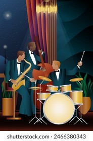 Jazz musicians near the Balcony. Double bass, saxophone, drum. Musicians play musical instruments