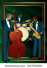 Jazz musicians on a universal background. Double bass, saxophone, drum. Musicians play musical instruments