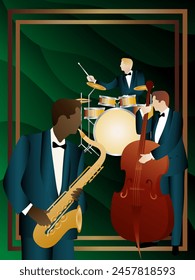 Jazz musicians on a universal background. Double bass, saxophone, drum. Musicians play musical instruments