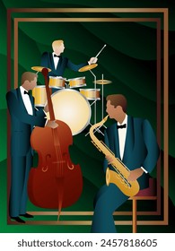 Jazz musicians on a universal background. Double bass, saxophone, drum. Musicians play musical instruments
