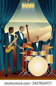Jazz musicians on a universal background. Double bass, saxophone, drum. Musicians play musical instruments