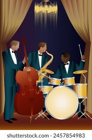 Jazz musicians on a universal background. Double bass, saxophone, drum. Musicians play musical instruments