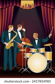 Jazz musicians on a universal background. Double bass, saxophone, drum. Musicians play musical instruments