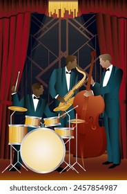 Jazz musicians on a universal background. Double bass, saxophone, drum. Musicians play musical instruments