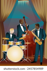 Jazz musicians on a universal background. Double bass, saxophone, drum. Musicians play musical instruments