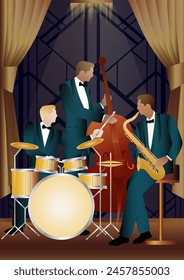 Jazz musicians on a universal background. Double bass, saxophone, drum. Musicians play musical instruments