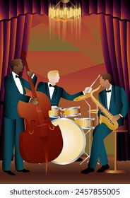 Jazz musicians on a universal background. Double bass, saxophone, drum. Musicians play musical instruments
