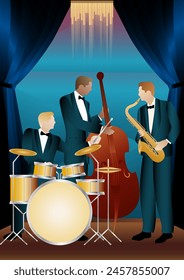 Jazz musicians on a universal background. Double bass, saxophone, drum. Musicians play musical instruments