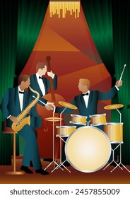 Jazz musicians on a universal background. Double bass, saxophone, drum. Musicians play musical instruments