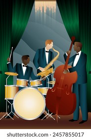 Jazz musicians on a universal background. Double bass, saxophone, drum. Musicians play musical instruments
