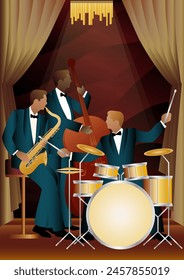 Jazz musicians on a universal background. Double bass, saxophone, drum. Musicians play musical instruments