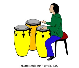 Jazz musicians with percussion instruments . Isolated silhouettes on white background