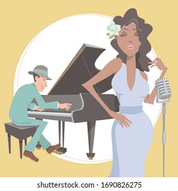 Jazz Musicians Performing With Piano And Vocal. Vector Illustration In Flat Cartoon Style.