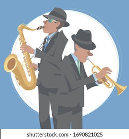 Jazz musicians performing with trumpet and tenor saxophone. Vector illustration in flat cartoon style.