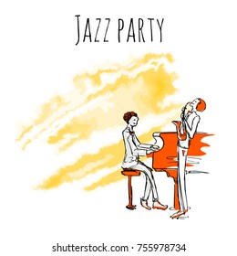 Jazz musicians play sax and piano on watrecolor background. Vector jazz party poster template with copy space.